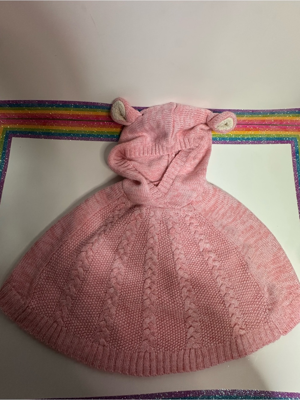 Cozy Pink Hooded Knit Poncho with Ear Details for Kids